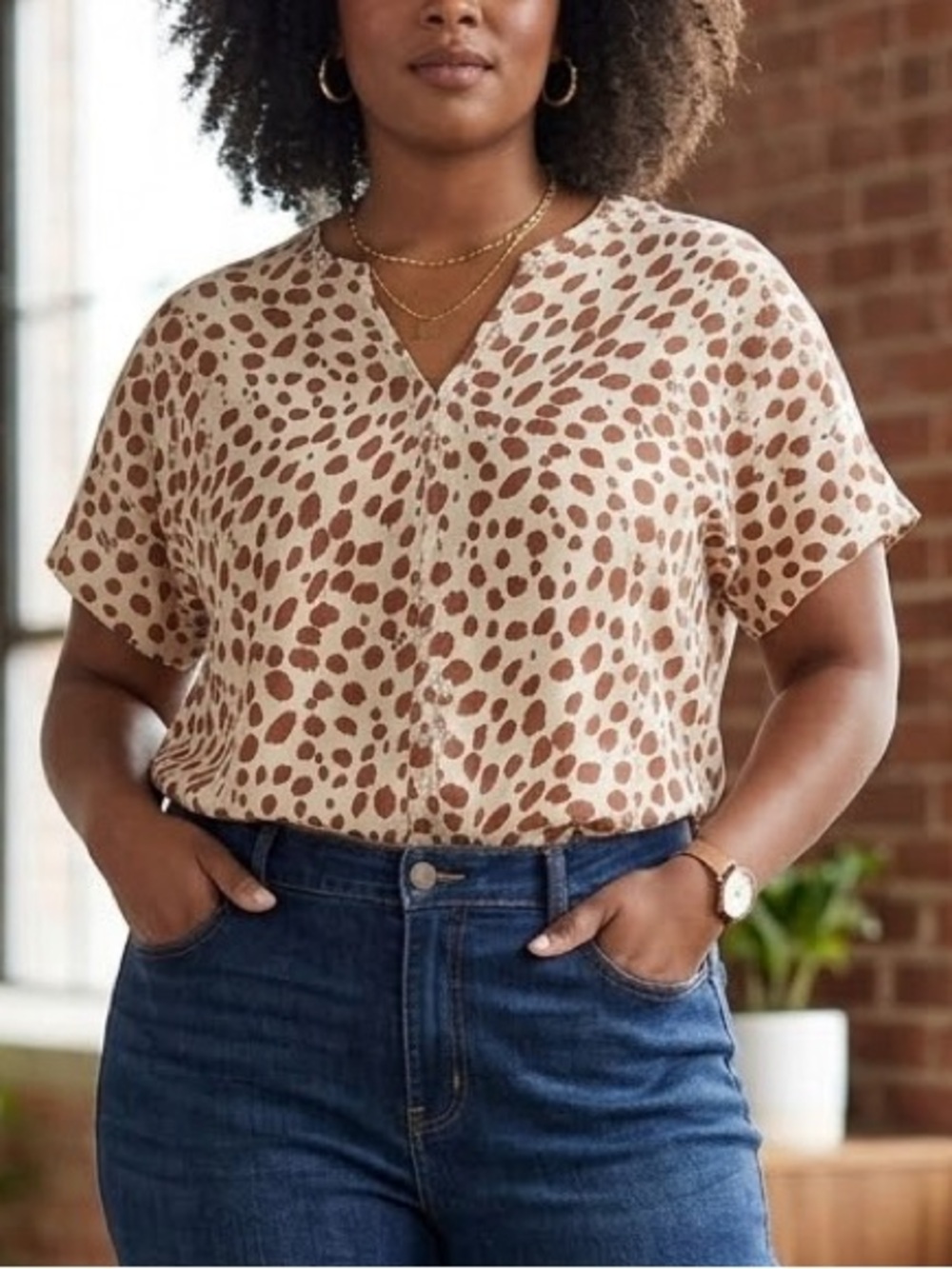entro oversized Cream and Brown Animal Print V-Neck top